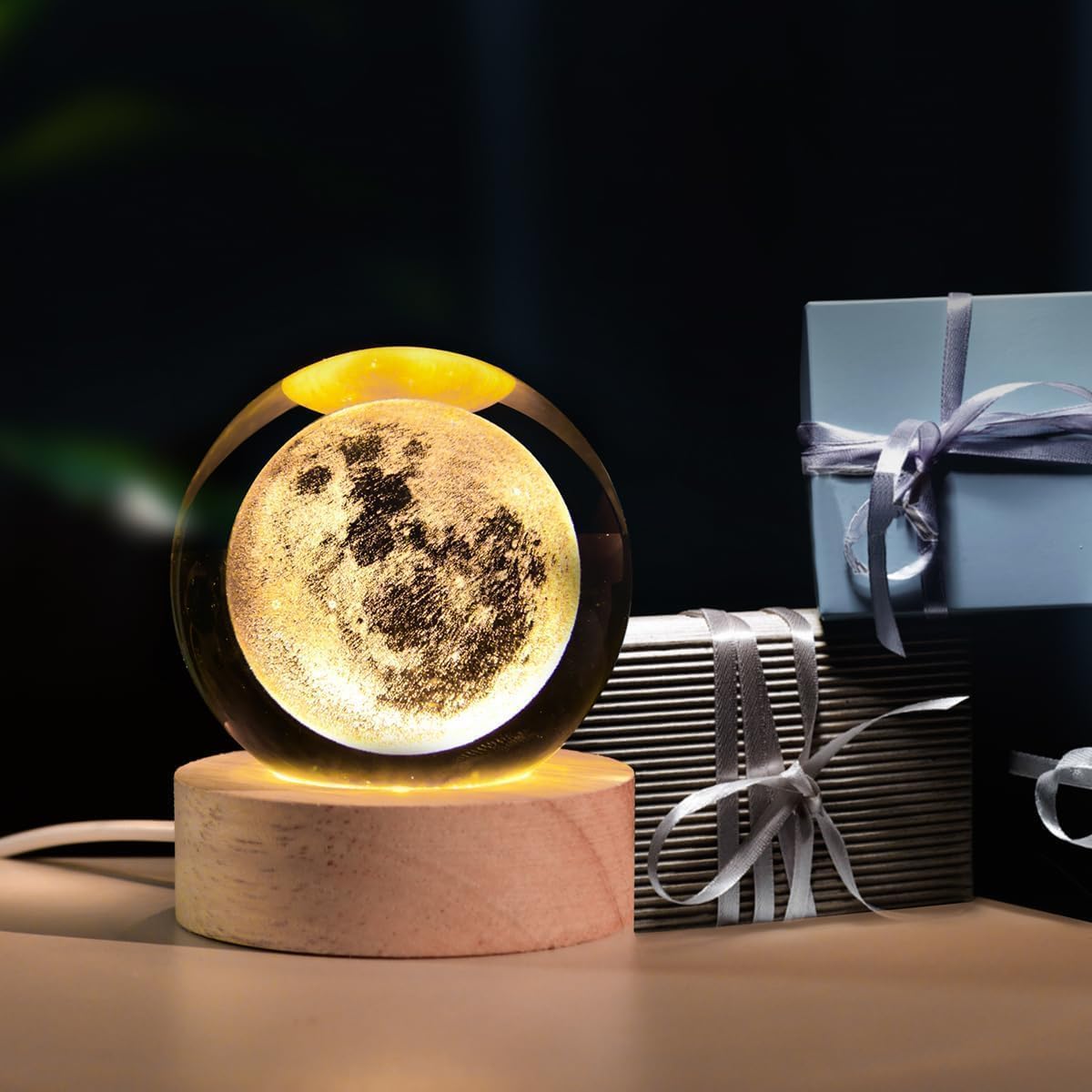 TheKaamchor - Moon Crystal Ball Lamp with Wooden Base