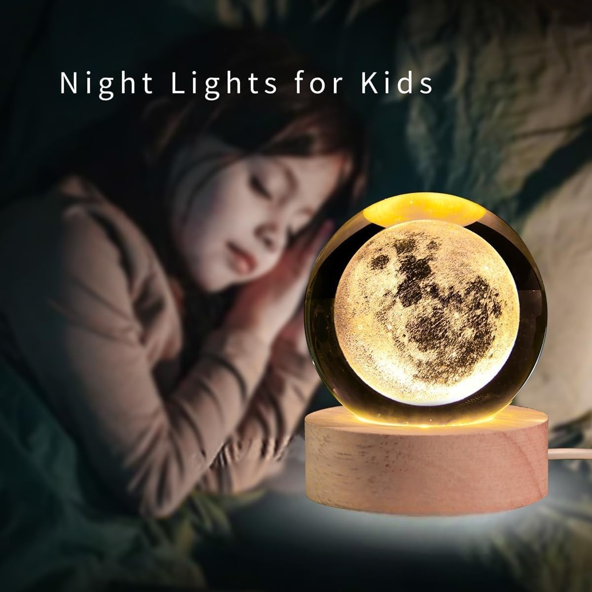 TheKaamchor - Moon Crystal Ball Lamp with Wooden Base