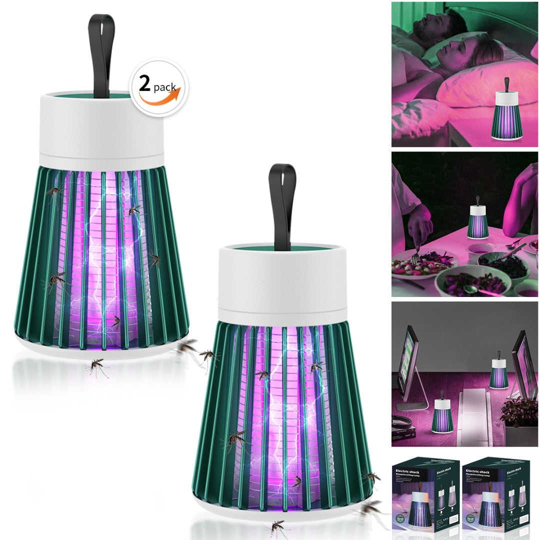 Two green and white fly swatters with purple light effect on a white background.